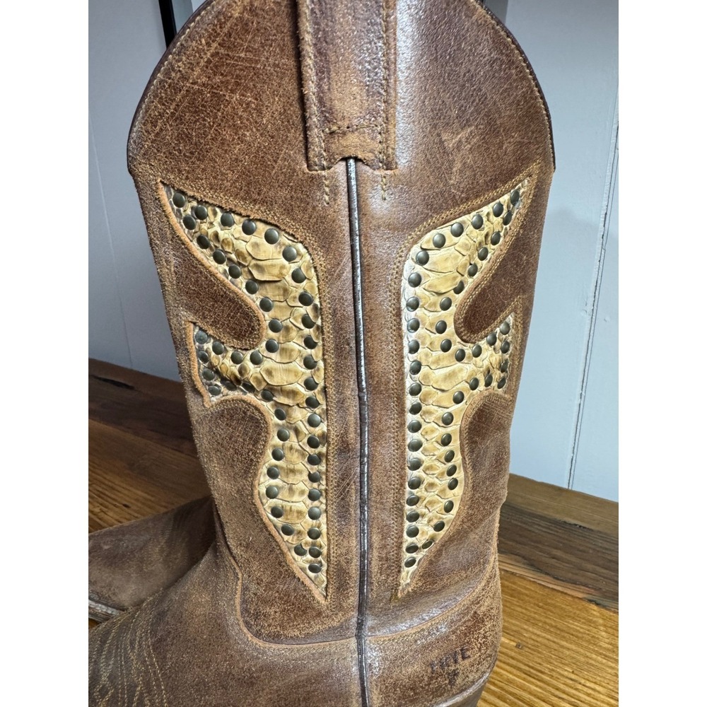 Frye Brown Leather Studded Western Heeled Boots - Picture 7 of 16